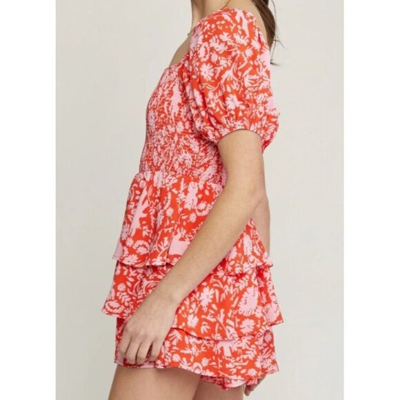 Entro Red Pink Floral Y2K Romper M Boho Romantic Grunge Festival Tiered Ruffle - Picture 2 of 11